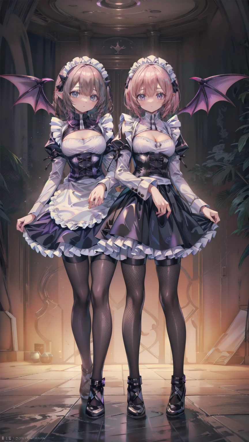 Two beautiful mature women:1.3,Sisters,(Detailed Description,Unbelievably absurd,High resolution,8k wallpaper,masterpiece,Highest quality,Regional Depth,Anatomically accurate depiction),(Glowing Skin,Glowing Skin,Oilskin),((Succubus disguised as a maid)),(Black and white latex maid outfit,Maid Skirt,corset,Fishnet tights,Little devil&#39;s wings),eyelash,(Glowing purple eyes,Crazy Eyes,There is cleavage in the chest,Wicked Smile,Glossy lipstick,The two of them making seductive gestures:1.3,Half-closed eyes:1.2),Sweat,(whole body),Pink light,