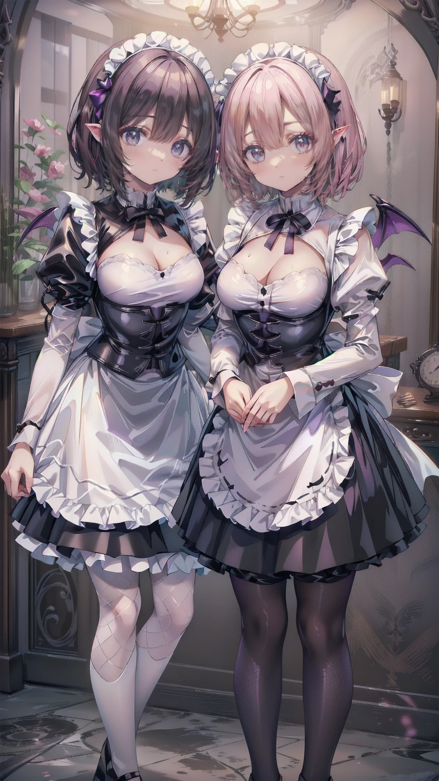 Two beautiful mature women:1.3,Sisters,(Detailed Description,Unbelievably absurd,High resolution,8k wallpaper,masterpiece,Highest quality,Regional Depth,Anatomically accurate depiction),(Glowing Skin,Glowing Skin,Oilskin),((Succubus disguised as a maid)),(Black and white latex maid outfit,Maid Skirt,corset,Fishnet tights,Little devil&#39;s wings),eyelash,(Glowing purple eyes,Crazy Eyes,There is cleavage in the chest,Wicked Smile,Glossy lipstick,The two of them making seductive gestures:1.3,Half-closed eyes:1.2),Sweat,(whole body),Pink light,