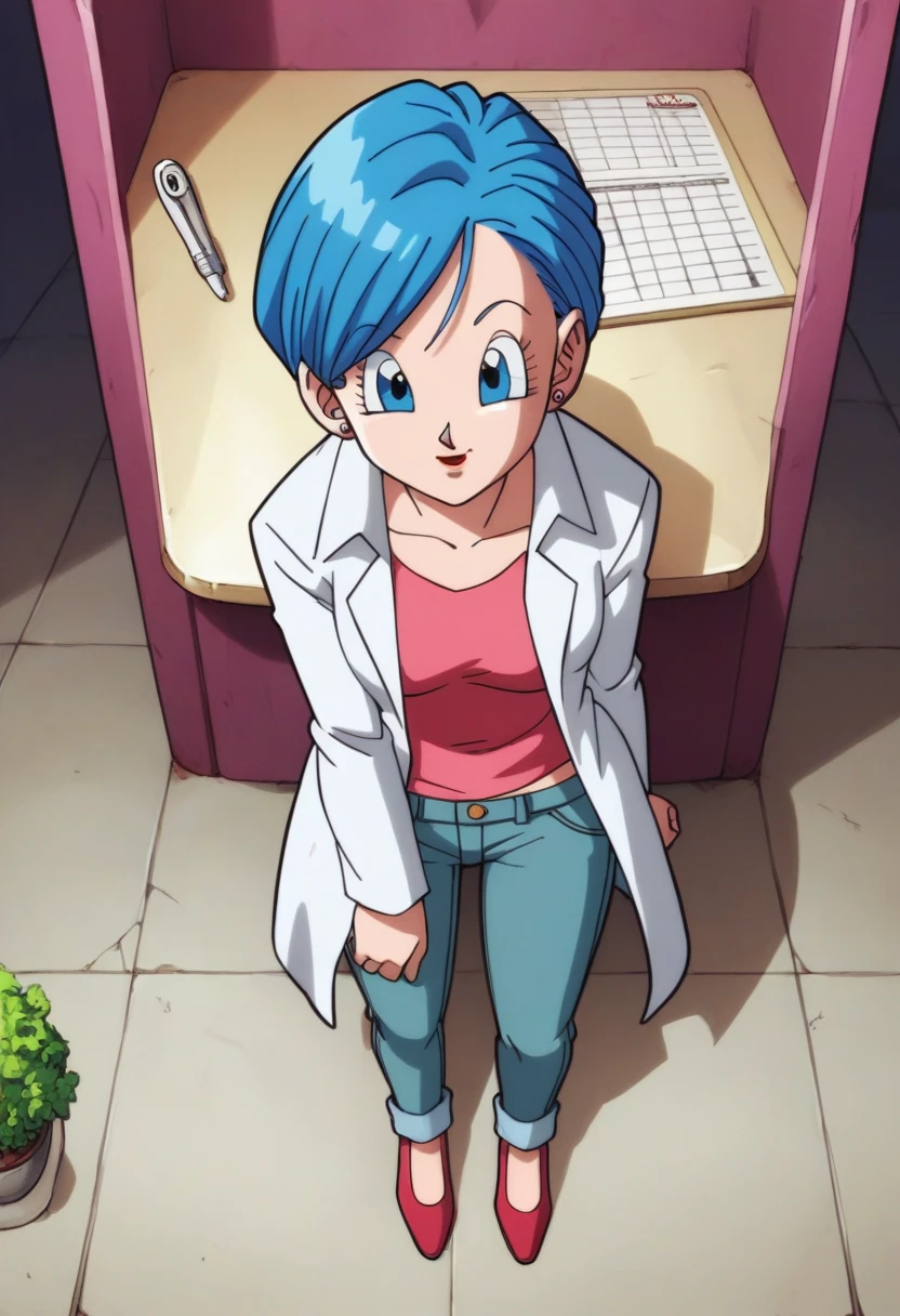 fountain_アニメ, punctuation_9, punctuation_8_High above, punctuation_7_High above, captura de tela de アニメ,8k, absurd resolution, 
Bulma, future, hair blue, hypdertailed, low hypdertailed,  blue colored eyes, 
lab coat, pink blouse, jeans, (open blouse), breastsout, looking at the viewer City in ruins, best qualityer 
 