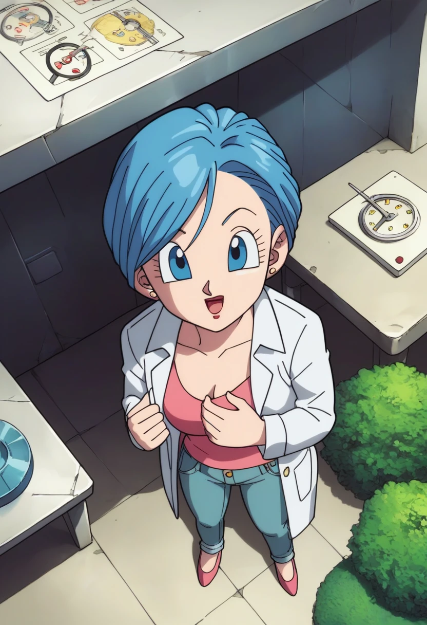 fountain_アニメ, punctuation_9, punctuation_8_High above, punctuation_7_High above, captura de tela de アニメ,8k, absurd resolution, 
Bulma, future, hair blue, hypdertailed, low hypdertailed,  blue colored eyes, 
lab coat, pink blouse, jeans, (open blouse), breastsout, looking at the viewer City in ruins, best qualityer 
 