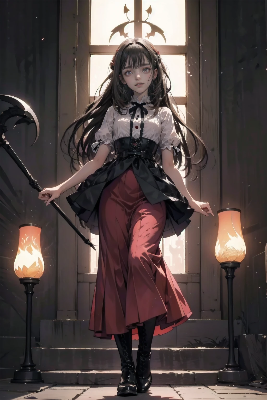 shaded face　、beautiful girl、とてもcute天使、Pink T-shirt、cute、、smile、Long skirt、Black long boots、.(Highest quality,4K,High resolution,Masterpiece 1.2),Very detailed,Realistic 1.37,Spooky altar background,Dark fantasy,Red color scheme,Ominous atmosphere,Eye-catching,Storytelling,anatomy,Anime Style,Concept Art,beautiful細部までこだわった顔と (((Red eyes ))),A terrifying ritual ,Satanic Ritual,Premature death,inappropriate behavior,クレイジーなsmile,Scythe Face,Girl Monster, beautiful, Delicate facial features, Sharp Eye, Sharp Fangs, pale skin, Dark Background, Cinema Lighting, Dramatic Shadows, Gothic style, Gloomy atmosphere, Dark fantasy, one person&#39;s, Please open your mouth wide, Open your mouth and baring your teeth,Sharp teeth like a beast, Wide lips, very wide mouth, Vermilion cheeks, ,(Blood splatter1.3),Scary smile, smile,Angel Design, Twisted smile、Bloody、bleeding from the head,,,,,、Blood splatter、,(Blood splatter1.3),skull,Horror Style, ((Fantasy Sweet Ta Frill Pink Costume)), ((Flowing blonde hair)), ,(Blood splatter1.3),Female curves, Sexy flat stomach, Perfect hands, Perfect anime face, (Pink Tata Dress)), Are standing, ((邪悪なsmile)), ,(Blood splatter1.3), Steam circulates, Moonlight Illumination, night lighting, (Blood splatter1.3),アニメAngel Design, Twisted smile、Bloody、bleeding from the head,,,,,、Blood splatter、,(Blood splatter1.3), skull,Gothic architecture、Western architecture、Fantasy World、,Victorian cities, Skeleton Gas Light,Absurd, High resolution、 ((Tabletop)), ((Highest quality)), (Very detailedな), ((Very detailed)), (beautiful), ((cute)), (nfsw1.8), alone,(1.6)、(world&#39;The most terrifying and creepy demon girl 1.5)beautiful face、Whole Body Ezbian、pale, beautiful肌、beautiful金の髪、優しくsmileむ、Dark building ruins、(snow white&#39;Frill dress 1.3)、(The dark ruins are stained with blood 1.3)、Low angle full body shot、(少女は血の海の中にAre standing1.2)、(The ground is .3)、(The girl lost a lot of blood....1.3)、(クレイジーなsmile1.6)、Spirits、(Blood dripping from the mouth 1.3)、
