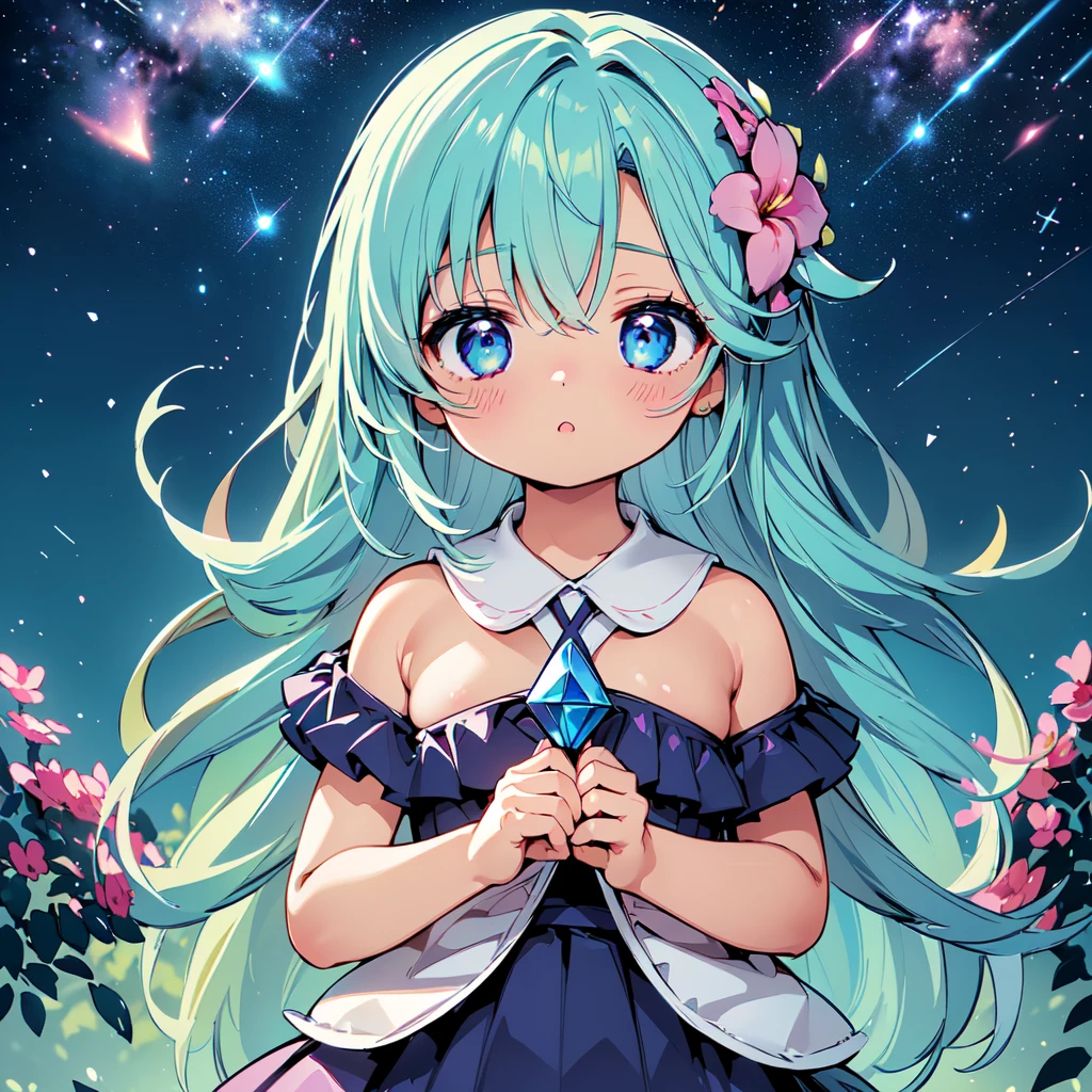 Cute characters、(((Highest quality、Masterpiece、Super detailed、S composition、X Composition、Triangular composition、Square Composition)))、Draw plumeria flower、I look up at the starry sky。Surround her with colorful nebulae and colorful forests。pink、light blue、Blue fantastic light source background、glitter