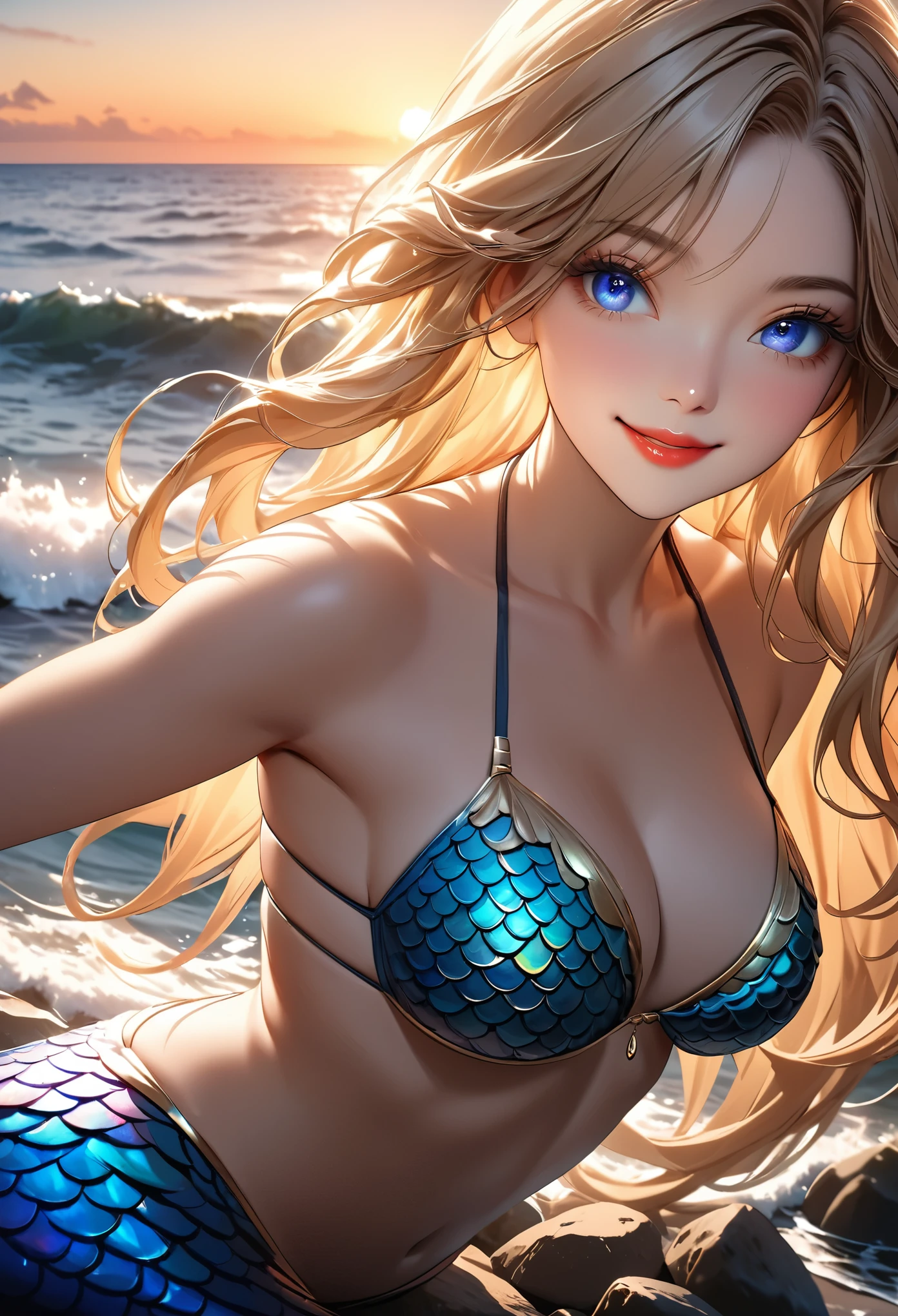 (Highest quality:1.2, Very detailed, Attention to detail, digital coloring, High Contrast, masterpiece:1.2, Highest quality, Best aesthetics), One Woman, Mermaid, blonde, Straight long hair, Detailed eyes, Long eyelashes, Well-formed face, Beautiful Skin, Glowing Skin, bikini tops, Mermaid, Beautiful woman, Fish lower body, Beautiful scales, View of the ocean from the coastal rocks, smile, sunset, Magic Hour, Quiet Sea, horizontal line,