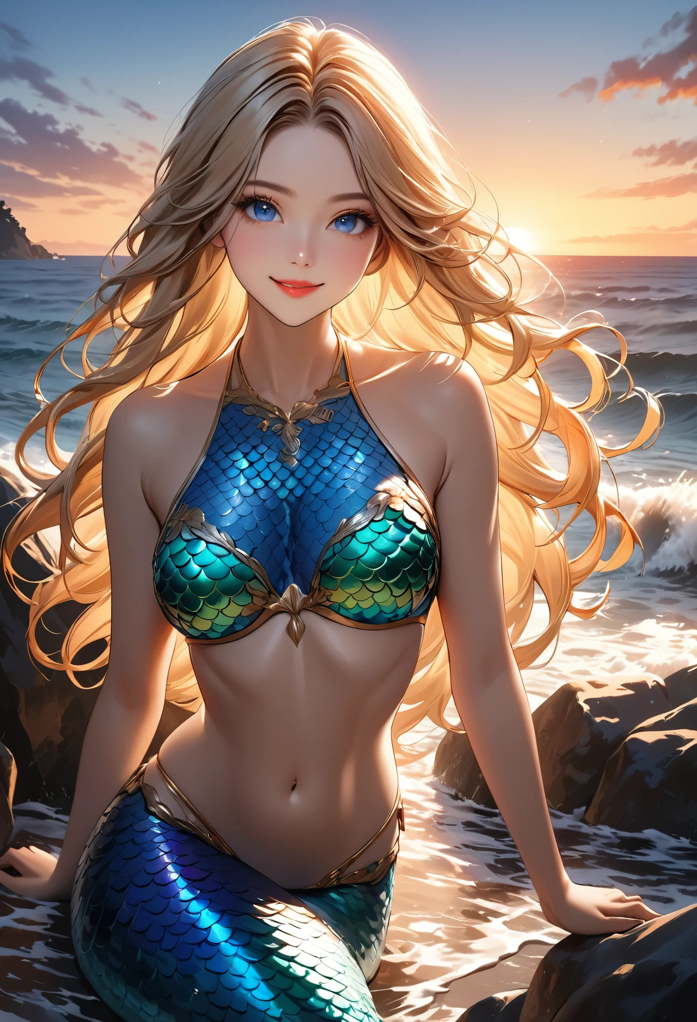 (Highest quality:1.2, Very detailed, Attention to detail, digital coloring, High Contrast, masterpiece:1.2, Highest quality, Best aesthetics), One Woman, Mermaid, blonde, Straight long hair, Detailed eyes, Long eyelashes, Well-formed face, Beautiful Skin, Glowing Skin, bikini tops, Mermaid, Beautiful woman, Fish lower body, Beautiful scales, View of the ocean from the coastal rocks, smile, sunset, Magic Hour, Quiet Sea, horizontal line,