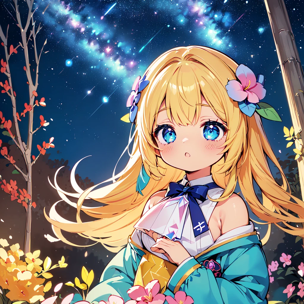 Cute characters、(((Highest quality、Masterpiece、Super detailed、S composition、X Composition、Triangular composition、Square Composition)))、Draw plumeria flower、I look up at the starry sky。Surround her with colorful nebulae and colorful forests。pink、light blue、Blue fantastic light source background、glitter