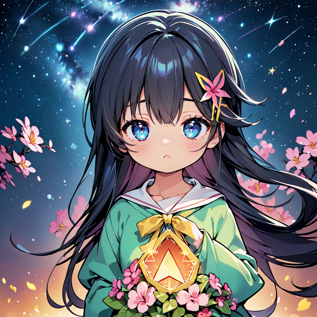 Cute characters、(((Highest quality、Masterpiece、Super detailed、S composition、X Composition、Triangular composition、Square Composition)))、Draw plumeria flower、I look up at the starry sky。Surround her with colorful nebulae and colorful forests。pink、light blue、Blue fantastic light source background、glitter