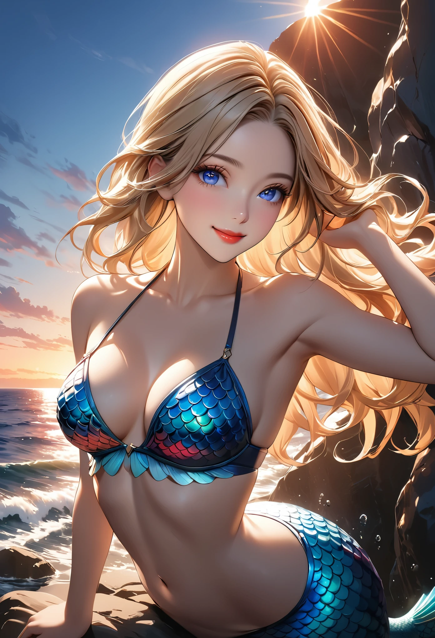 (Highest quality:1.2, Very detailed, Attention to detail, digital coloring, High Contrast, masterpiece:1.2, Highest quality, Best aesthetics), One Woman, Mermaid, blonde, Straight long hair, Detailed eyes, Long eyelashes, Well-formed face, Beautiful Skin, Glowing Skin, bikini tops, Mermaid, Beautiful woman, Fish lower body, Beautiful scales, View of the ocean from the coastal rocks, smile, sunset, Magic Hour, Quiet Sea, horizontal line,