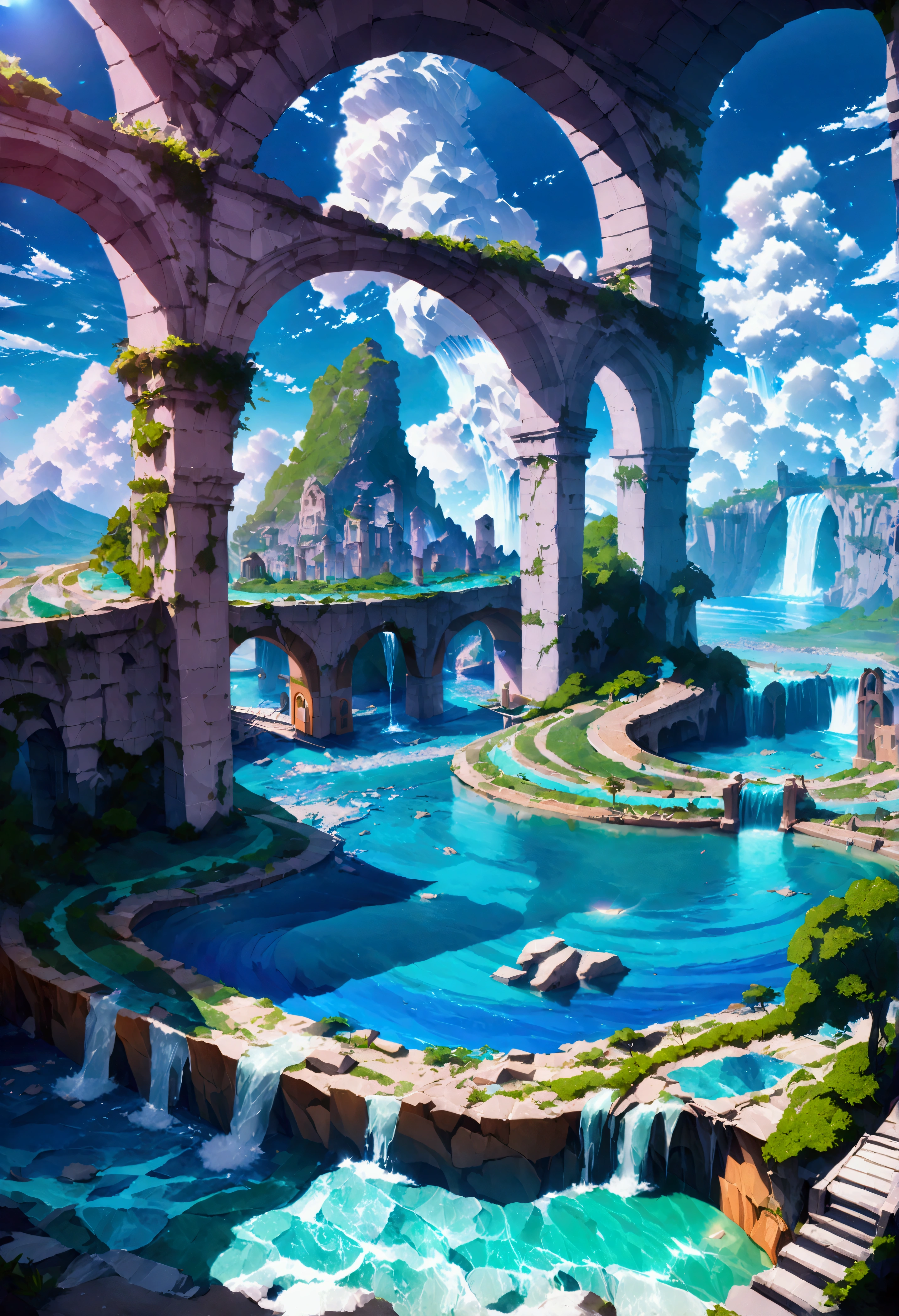 8K resolution, surreal, Super detailed, high quality, fantastical city, towering archways and bridges, cascading waterfalls, ancient ruins, lush greenery, winding river, blue skies with fluffy clouds, detailed stone structures, scenic landscapes, mix of natural and architectural beauty, vibrant colors