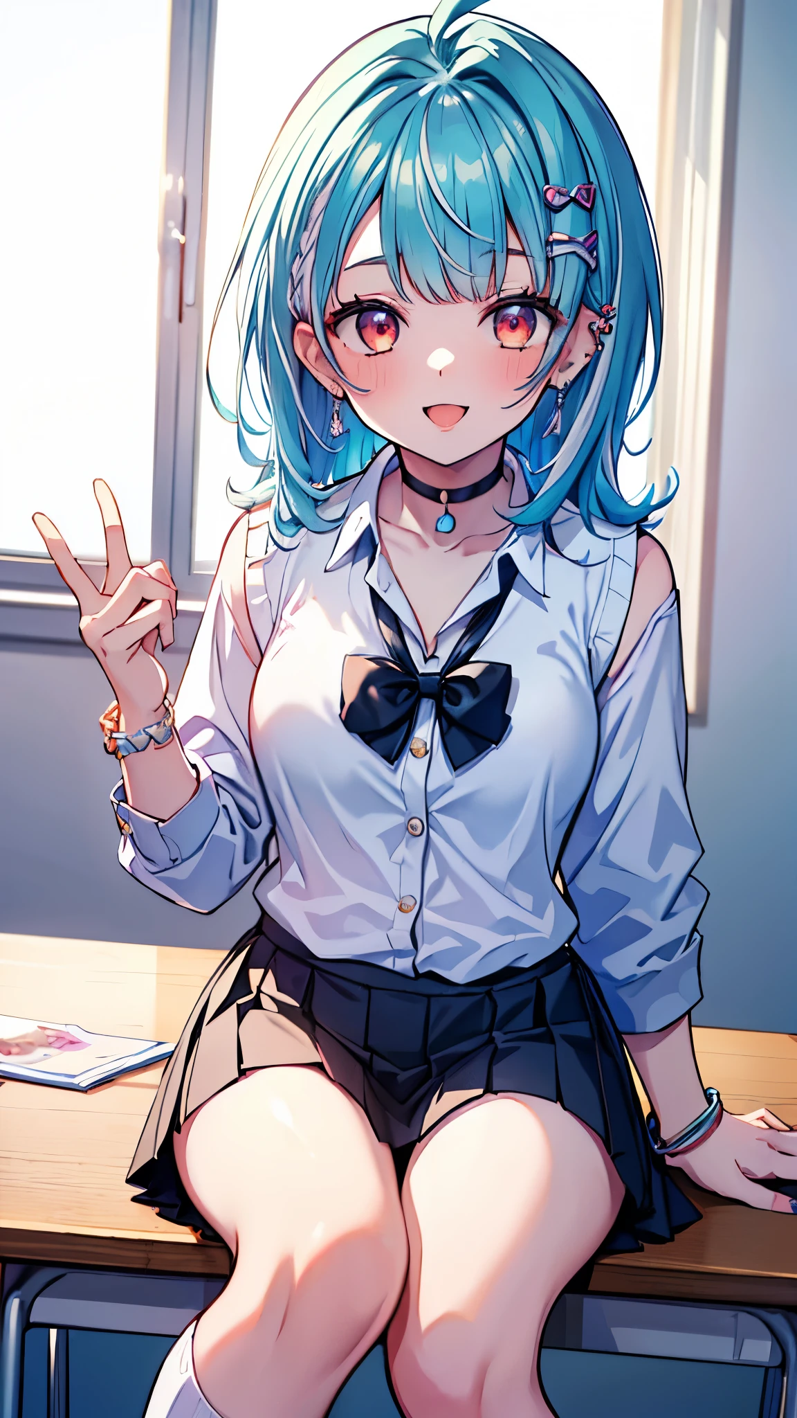 ((masterpiece、Highest quality、Very detailed))、One girl、gyaru、siranami ramune、Light blue hair、shoulder length、white streaked hair、Ahoge、Red eyes、((lots of piercing))、evil smile、Open Mouth、tooth、Moderate breasts、((White collared shirt))、bracelet、Red bow tie、((light blue sweater vest))、((Black pleated skirt))、((miniskirt))、Cowboy Shot、Sit at a desk、Classroom Background