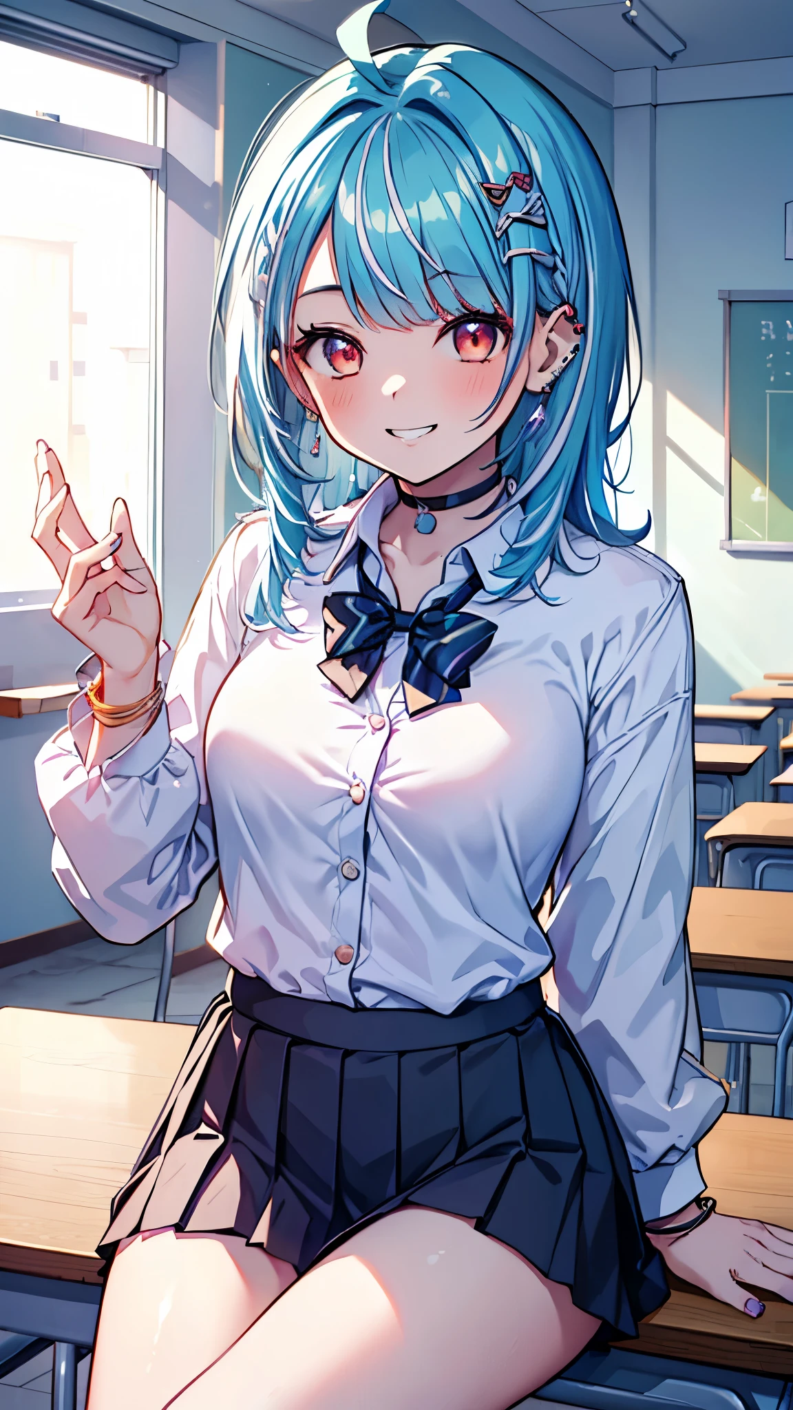 ((masterpiece、Highest quality、Very detailed))、One girl、gyaru、siranami ramune、Light blue hair、shoulder length、((white streaked hair))、Ahoge、Red eyes、((lots of piercing))、evil smile、((Grin))、、Moderate breasts、((White collared shirt))、bracelet、A bow tie、((Black pleated skirt))、((miniskirt))、Cowboy Shot、Sit at a desk、Classroom Background
