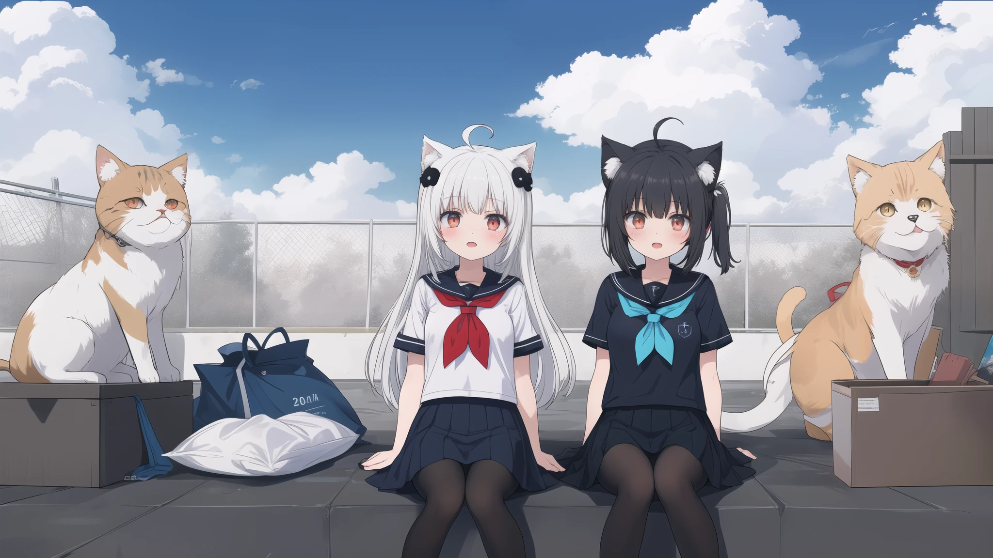 ((masterpiece, Highest quality)),girl, alone, skirt, null, Sitting, pantyhose, Seraphim, cloud,Black gloves, Outdoor, neckerchief ,Day, bangs, fence, shirt, Ahoge, rooftop, Long Hair, white pantyhose, Black Hair, school uniform, white Sailor collar, Red eyes, Sailor collar, blue skirt, red neckerchief, blue Seraphim, Animal ears, blue null, Long sleeve, blue shirt, View your viewers, Mouth closed,Cat ear, chain-link fence, pleated skirt, cloudy null, trash can