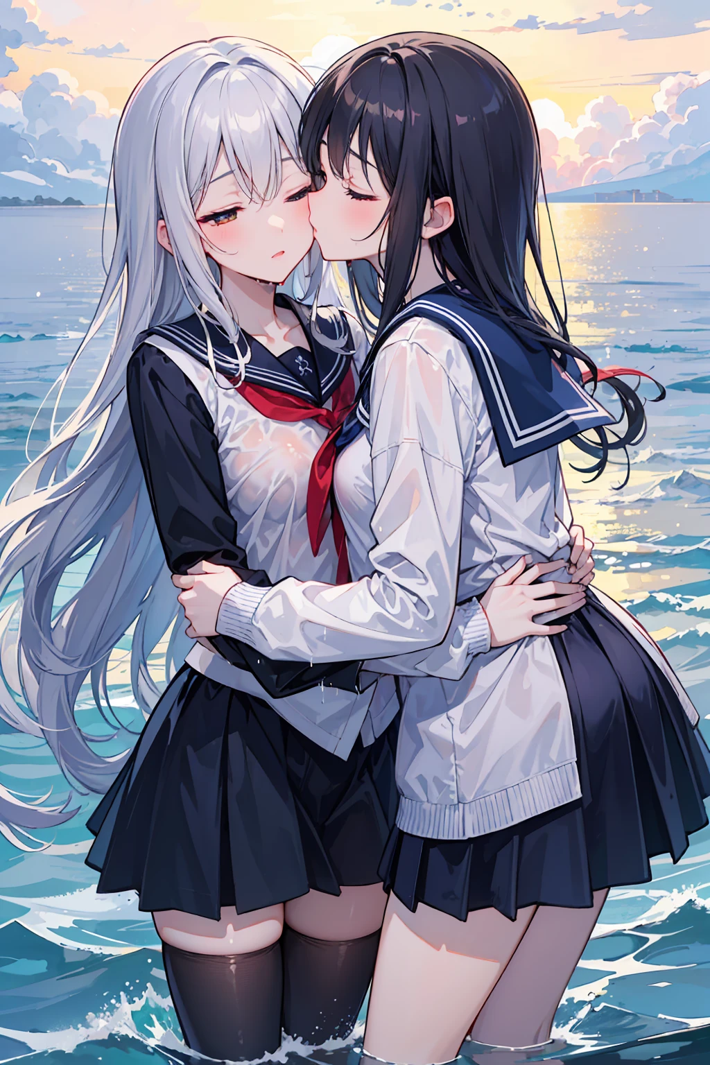 2 girls, 傘もささずにheavy rainの中抱き合う二人, Kissing, Kiss each other, Close your eyes, Ocean, Wavy, heavy rain, soaked, Sailor suit, ribbon, Gothic Skirt, navy blue, Long skirt, I don&#39;t care about getting wet, Lots of water all over the body, splash, Soaking wet, Submersion, Lots of water, Standing in water, Two girls, heavy rainの中抱きしめ合う, Kissing, Kiss each other, Close your eyes, Ocean, Wavy, heavy rain, soaked, Sailor suit, ribbon, Gothic Skirt, navy blue, Long skirt, Wet and shiny, Lots of water all over the body, splash, Soaking wet, Submersion, Lots of water, Standing in water, Lots of water滴, 