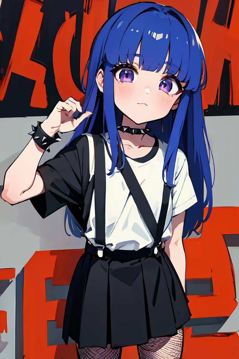 (Rika Furude), Blue Hair, Purple eyes, Long Hair, blunt bangs, bangs, １１age, woman, alone,punk, punkファッション, leather jacket, Black Skirt, suspenders, Fishnet tights, White T-shirt, Spiked Choker, bracelet, Black eyeshadow, Black Lips, masterpiece, Background of the cityscape、Graffiti wall、whole body