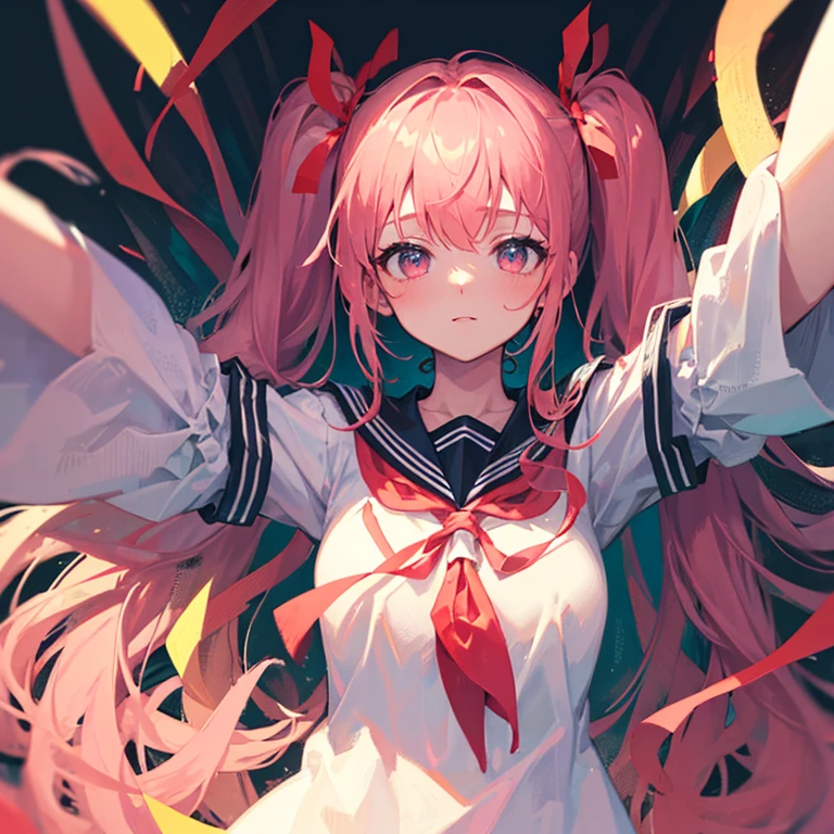 masterpiece, best quality, highres, close up, absurdres, 1girl, crowd, skirt, pink hair, gasai yuno, yunouniform, crop top, navel, revealing clothes, looking at viewer, blush, wallpaper, yandere