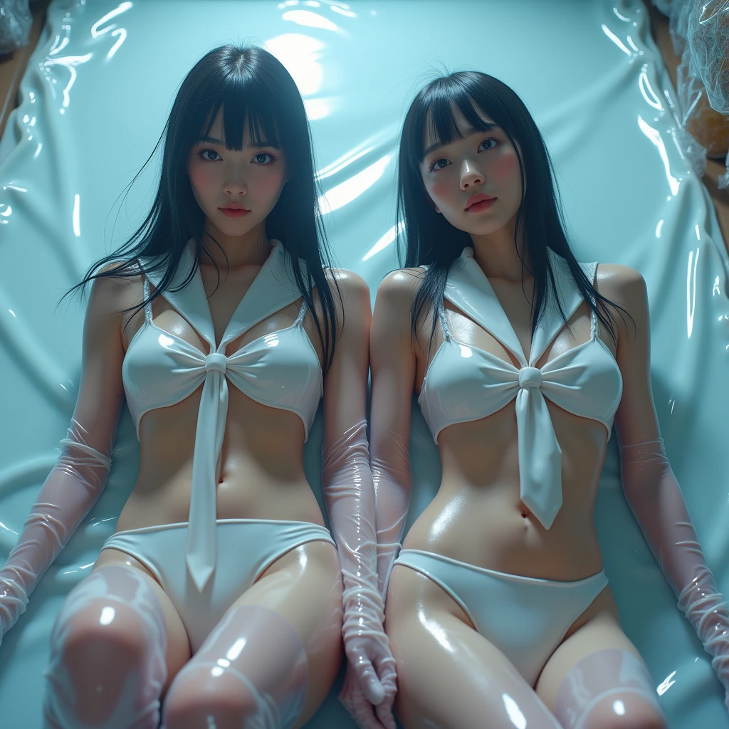 (2girls:1.5), (a detailed full-body RAW photo of a girl), (masutepiece:1.0), (Best Quality:1.4), (超A high resolution:1.2), (Photorealistic:1.4), 8K resolution, Canon EOS R5, 30mm, absurderes, ultra-detailliert, (18year old), Sharp Focus, Cinematic lighting, Detailed beautiful face, (no-makeup:1.2), (ulzzang -6500-v1.1), petite figure, Detailed skin texture, flat chest, (skinny and fit body:1.6), Detailed brown hair, sweltering,(Very short hair:1.5), (Black and White Latex Nike Competition Sports Bra and Panties:1.5), ((lowrise)), realistic glistening skin, (Wearing only panties:1.5), (((Lying in bed、embracing each other))), (((Undressing Wear:1.5))), (Full body:1.5), ((Sweat:1.5)), ((Wet body)), (((tanline))), ((flat chest)), (((small tits))), (Japan athletes)