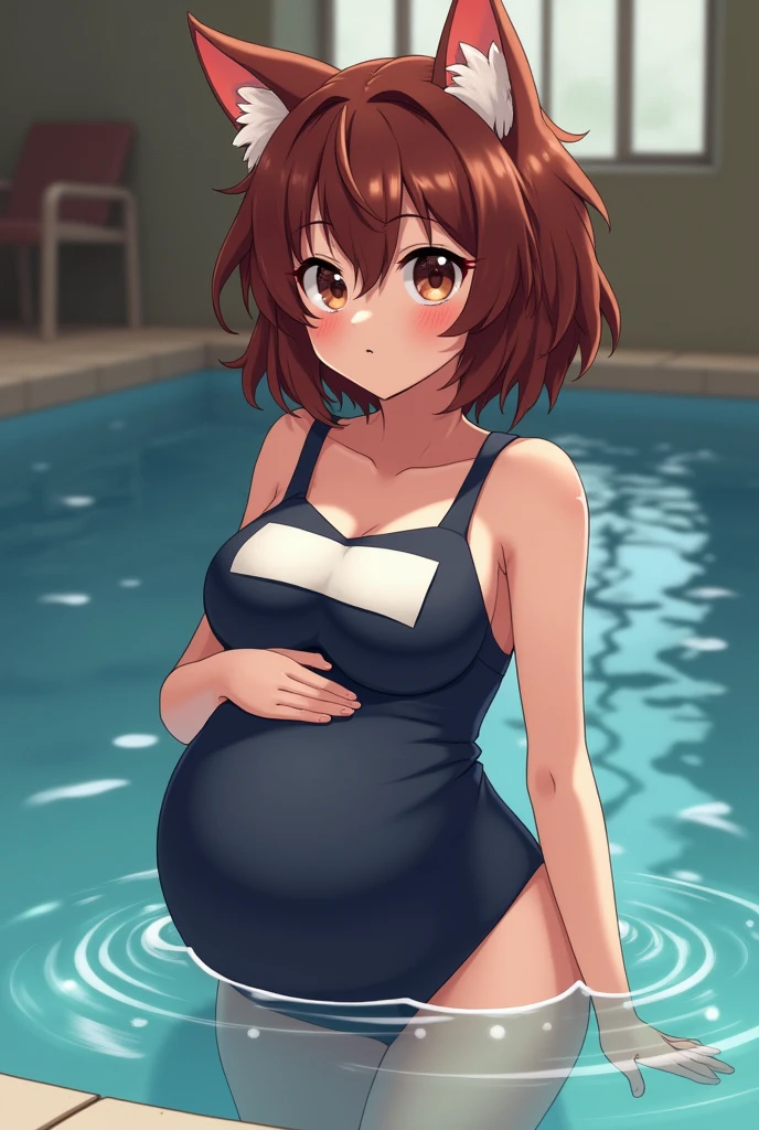 (best quality,highres,masterpiece:1.2),beautiful detailed eyes,beautiful detailed smile,school swimsuit,blue Japanese school swimsuit,wet,beach,Ochako Uraraka,alone girl, pregnant, pregnancy, pregnant belly, Peace_sign.