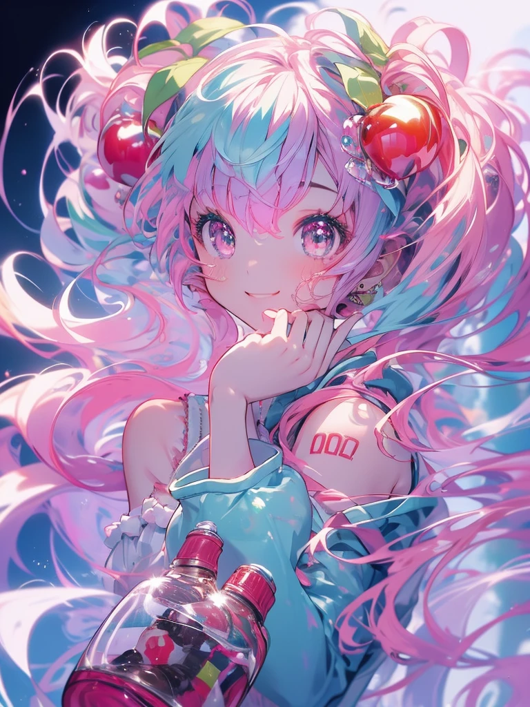 masterpiece、Hatsune Miku、Pink Hair、Long Hair、Cherry hair ornament、The wind is blowing、Sparkling eyes、smile、Holding a plastic bottle、Upper Body、(((Composition from above)))