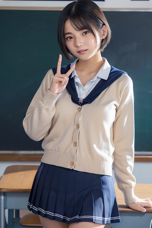 masterpiece, Highest quality, high resolution,High school girl 10.0,Very detailed,Asian Beauty,(Open your mouth and laugh:1.1),Iris,Natural Beauty,Cinematic,Mid-chest,Showing from knees 10.0,Supple and soft limbs,Narrow eyes and light eye makeup,Smooth under-eye bags,Very detailedなな目と顔,Glossy Lips,Inner thighs,Sparkling eyes,Droopy eyes,(short hair:1.2),(Navy cardigan-style school uniform:1.1),(Navy check skirt:1.1),(In the classroom:1.1),(hand on own hip:1.2),Inner thighs,(peace sign:1.1)