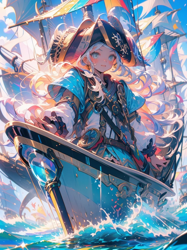 masterpiece、girl、Rainbow Hair、Sparkling eyes、Ocean賊の服、(((Wear a tricorn hat)))、Serious face、Ocean、On the boat、Upper Body