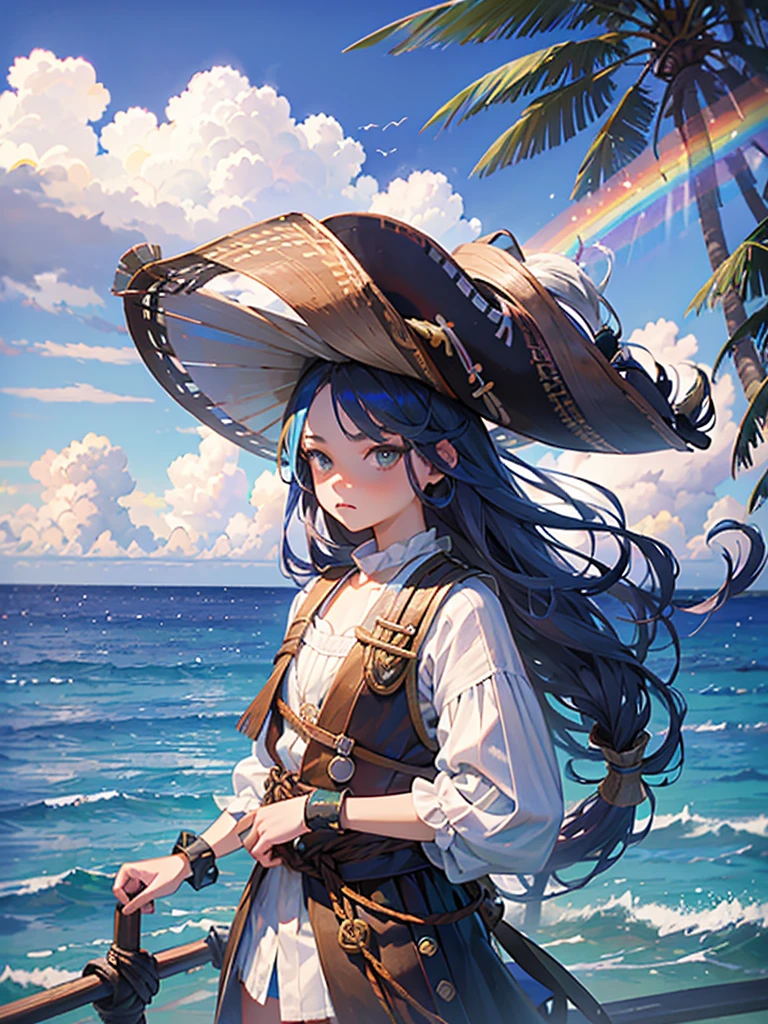 masterpiece、girl、Rainbow Hair、Sparkling eyes、Ocean賊の服、(((Wear a tricorn hat)))、Serious face、Ocean、On the boat、Upper Body