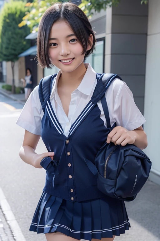 masterpiece, Highest quality, high resolution,High school girl 10.0,Very detailed,Asian Beauty,(Laughing with mouth open 1.1),Iris,Natural Beauty,Cinematic,(Volumizing breasts),Showing from knees 10.0,Supple and soft limbs,Narrow eyes and light eye makeup,Smooth under-eye bags,Very detailedなな目と顔,Glossy Lips,Inner thighs,Sparkling eyes,Droopy eyes,(short hair:1.2),On the way home from school,(Walking around town),(Navy cardigan-style school uniform:1.1),(Navy check skirt:1.1),(Carrying a backpack:1.2),Hair blowing in the wind,Inner thighs