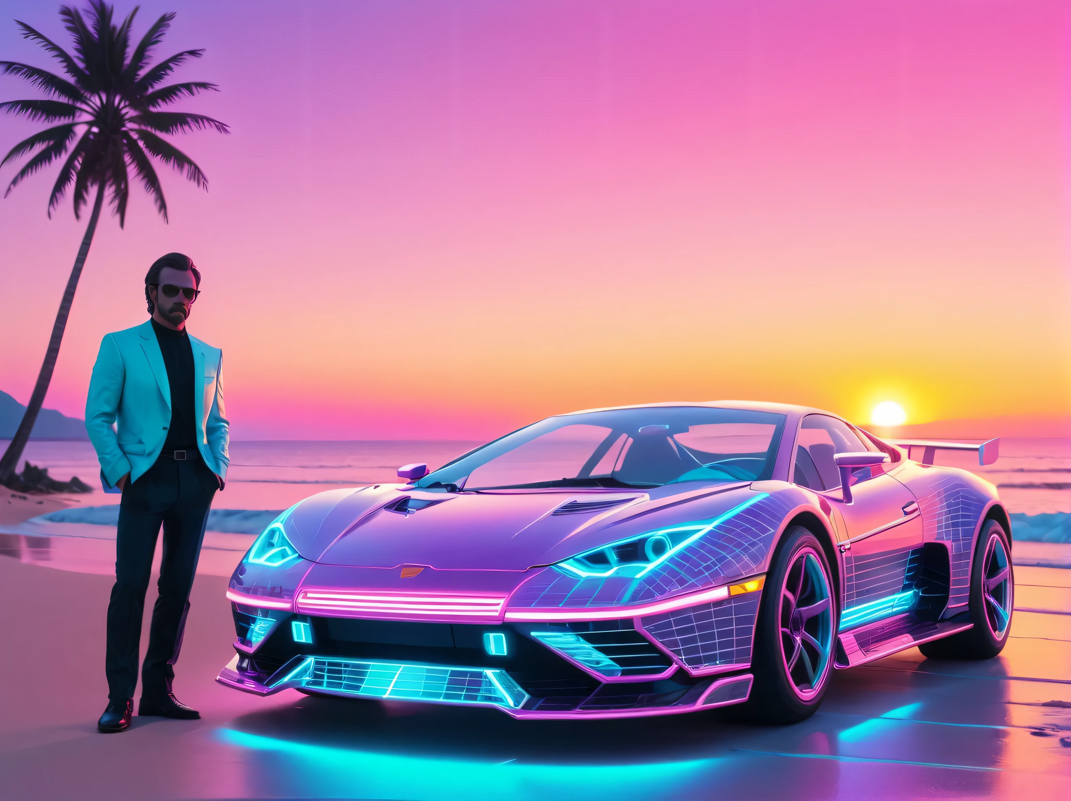 mad-vprwv  man in front of  a sportscar at the beach, sun at the neon  horizon, 1980, neon, grid, vaporwave (masterpiece:1.2), best quality