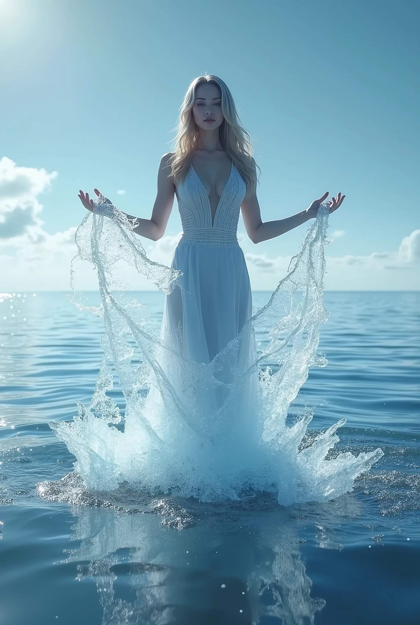 A woman freezes the ocean by touching it with her hands、Realistic