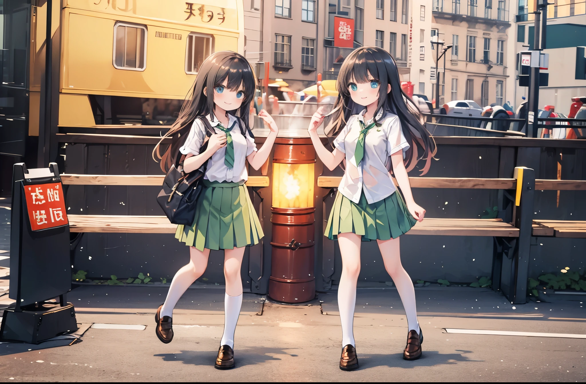 ((Highest quality, 8k, masterpiece: 1.3)),Petite,Glamorous Body,cute,１００One talented person per year,Smiling face,Black Hair,,Long Hair,Beautiful emerald green eyes,((White short-sleeved blouse,Green tie)),((Green pleated mini skirt,Black socks,loafers)),Going home,After school,School zone,((Go home with friends,While walking,Chatting,Play around)),