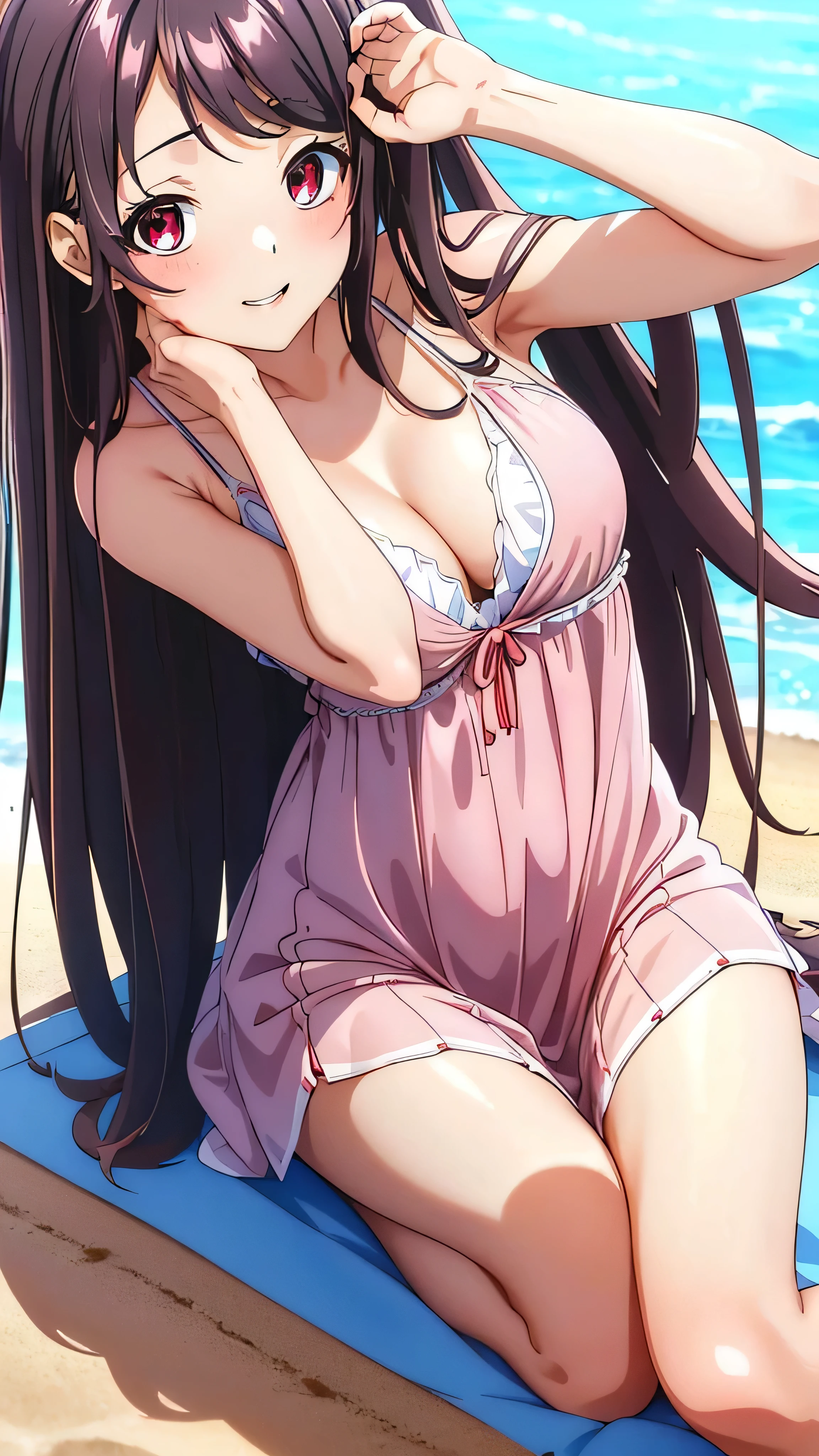 Kaori Hojo, girl, (masterpiece: 1.1), (highest quality: 1.1), red eyes, long hair, cute smile, blush, parted lips,(summer dress), barefoot, beach side, ((sexy posing:1.2, looking  at viewer:1.1)), (close-up:1.3), gravure,