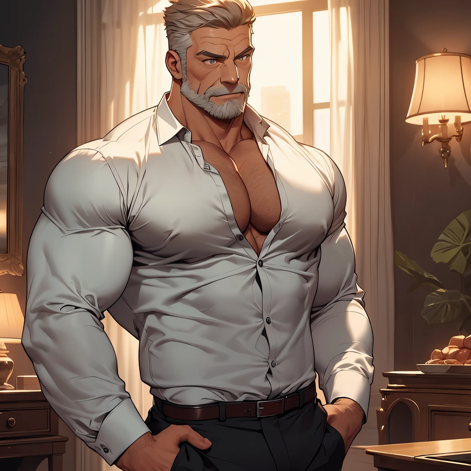 An attractive old businessman, Alpha male, bodybuilder muscle, very detail face, detail eyes, Stately, wearing a formal shirt with the top buttons of the shirt open at the chest, tight pants, very detail clothes, chest neckline, muscular chest, big bulge, penis marking on pants, gazing at viewer, pose Stately, beard that makes the face look square, he's serious, Wonderful highly detailed masterpiece, beautiful cinematic light deep focus, chic, digitalpainting, smooth ass, sharp focus, golden ratio, dramatic lighting, 8k, pixiv, only