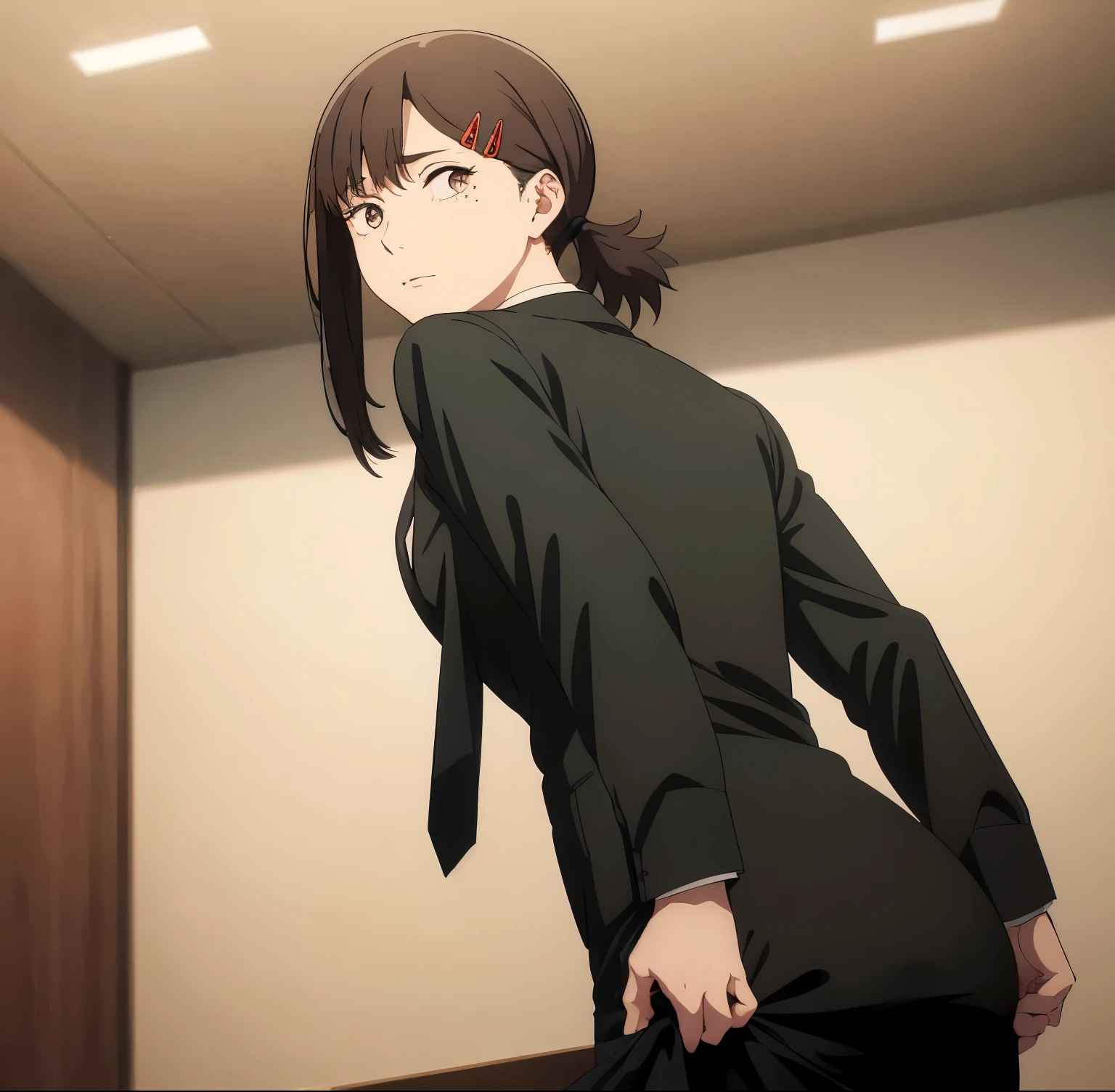 1 girl, alone, kobeni higashiyama, black hair, hair ornament, hair clip, mole, mole under the eye, ponytail, short hair, (brown eyes: 1.5), (office clothes:1.2), formal wear, (white shirt: 1.2), long sleeve, black tie, dress pants, (tight black pants: 1.2), black shoes, medium breasts, medium waist, wide hips, wide thighs, round butt, facing viewer, looking back, from behind, point of view (from below), showing butt, (interior: 1.2), (looking back: 1.2), ( office:1.2), window, (lighting:1.2), (Masterpiece : 1.2), Best Quality, High Resolution, Unity 8K Wallpaper, (Artwork: 0.8), (Beautiful and Detailed Eyes: 1.6), Extremely Detailed Face, Perfect Lighting, Extremely Detailed CG, (Perfect Hands, Perfect Anatomy )
