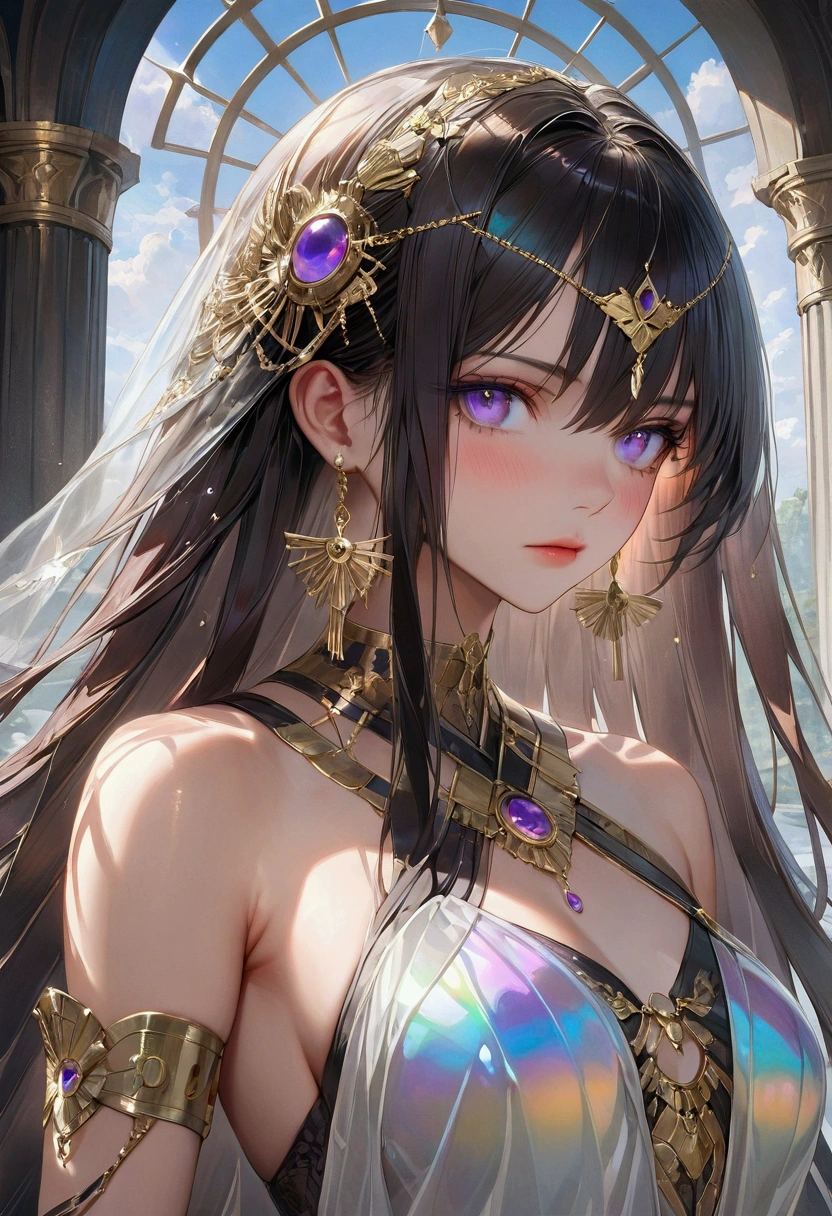 Long smooth straight black hair, inner colored dark-purple hair, golden eyes,slutty stringy fantasy outfit , masterpiece, super detail, best quality, 8k,semi-realistic