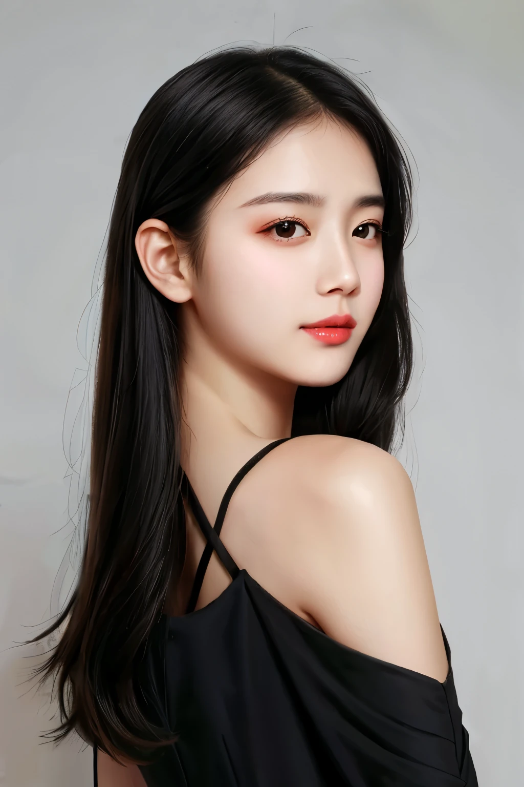 A man with sharp eyes, Beautiful girl in black dress with pointed chin and flat face