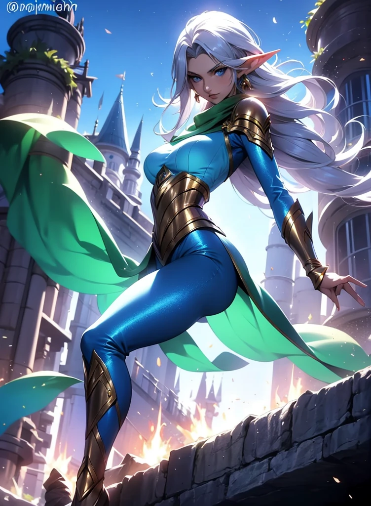 Professor Elowen Mistralight, An elf woman, Delicate, medium-height elf with silver hair., mysterious and penetrating light blue eyes, He wears a tunic with drawings of wind and water., sky blue skinny pants, long, with navy blue riding boots, the boots reach the knee, a magic wand and a castle background, animated style. Individual image of her full body.. He is in action pose.. Has one leg raised with the knee bent., His mouth is slightly open as if he had been exercising a lot.... He has light skin. She has her hair loose and waving in the wind.... feminine and sexy body.