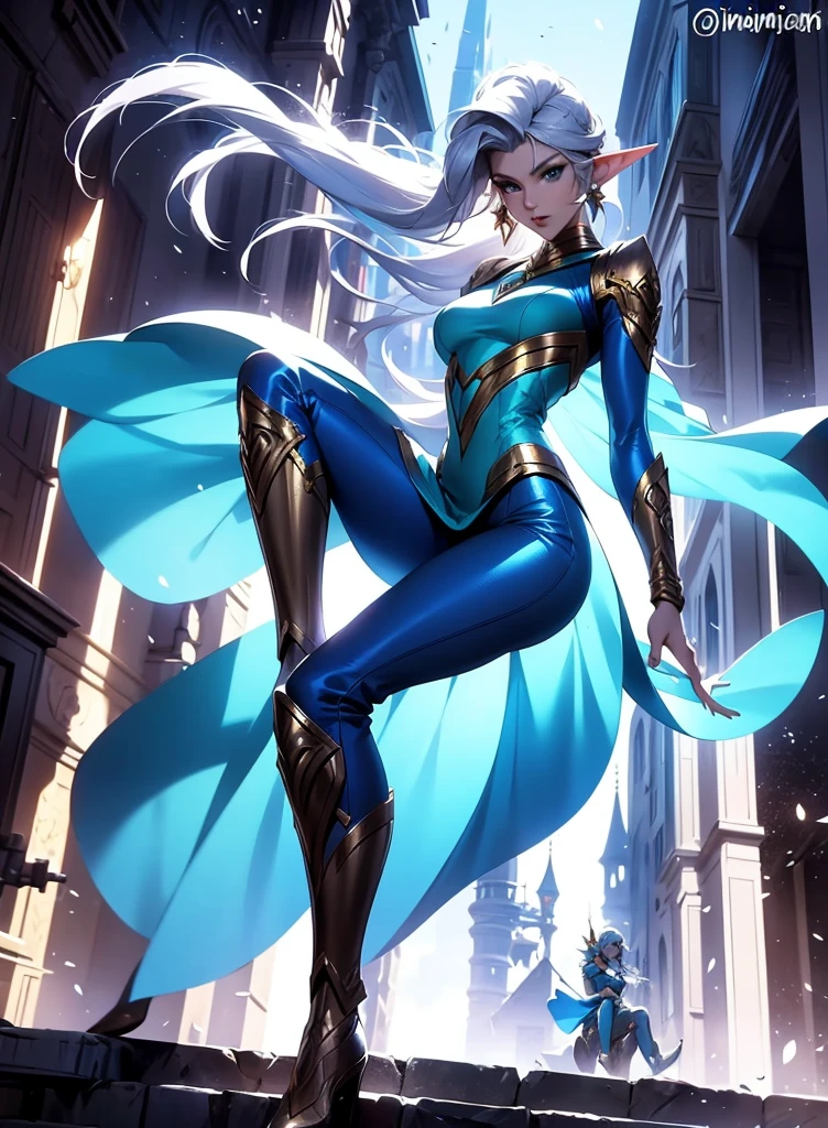 Professor Elowen Mistralight, An elf woman, Delicate, medium-height elf with silver hair., mysterious and penetrating light blue eyes, He wears a tunic with drawings of wind and water., sky blue skinny pants, long, with navy blue riding boots, the boots reach the knee, a magic wand and a castle background, animated style. Individual image of her full body.. He is in action pose.. Has one leg raised with the knee bent., His mouth is slightly open as if he had been exercising a lot.... He has light skin. She has her hair loose and waving in the wind.... feminine and sexy body.