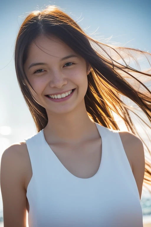 Actual photo,High resolution, Anatomically correct, Attention to detail, Highest quality, Beautiful 20 year old Japanese woman, A kind smile, White sleeveless long dress, Large Breasts, Late summer beach, Natural beaches, Blown by a refreshing breeze, Dramatic backlighting, Reflected light illuminates the face from below, Shining sunlight, Sparkling Coastline, Strong contrast