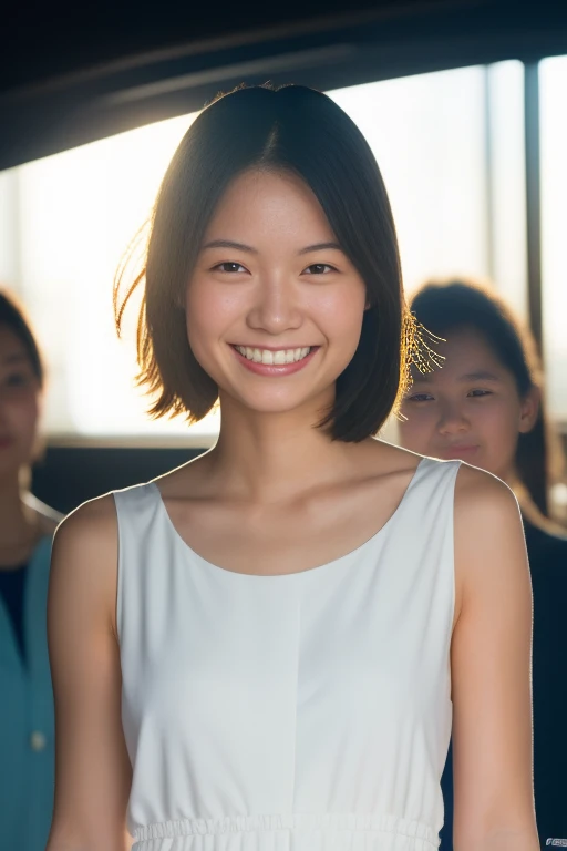 Actual photo,High resolution, Anatomically correct, Attention to detail, Highest quality, Beautiful 20 year old Japanese woman, A kind smile, White sleeveless long dress, Large Breasts, Late summer beach, Natural beaches, Blown by a refreshing breeze, Dramatic backlighting, Reflected light illuminates the face from below, Shining sunlight, Sparkling Coastline, Strong contrast