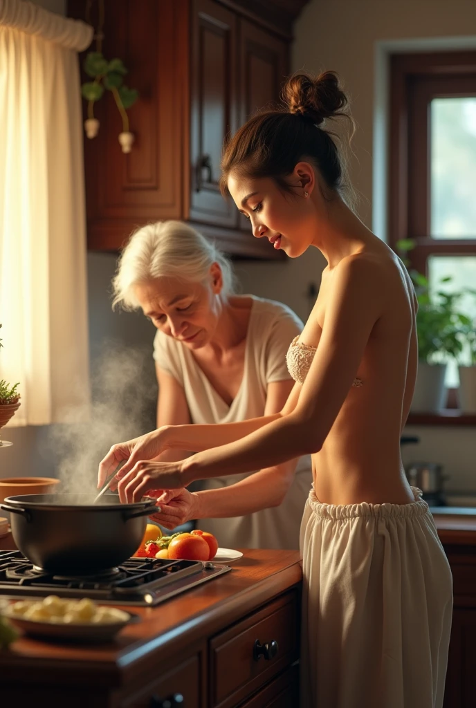 Create a naked girl sitting at a table with an old woman cooking in a kitchen 