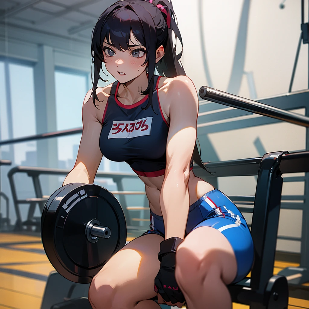 (masterpiece), best quality, expressive eyes, perfect face, gym, workout, hot, sweating, sweaty, tan, big boobs, tan skin, flustered, blush, purple clothes, see thru, yoga pants, black hair, sitting on exercise ball, gym ball, exercise ball, man standing behind woman , curvy woman , black hair, purple eyes , groping, man grabbing breasts 