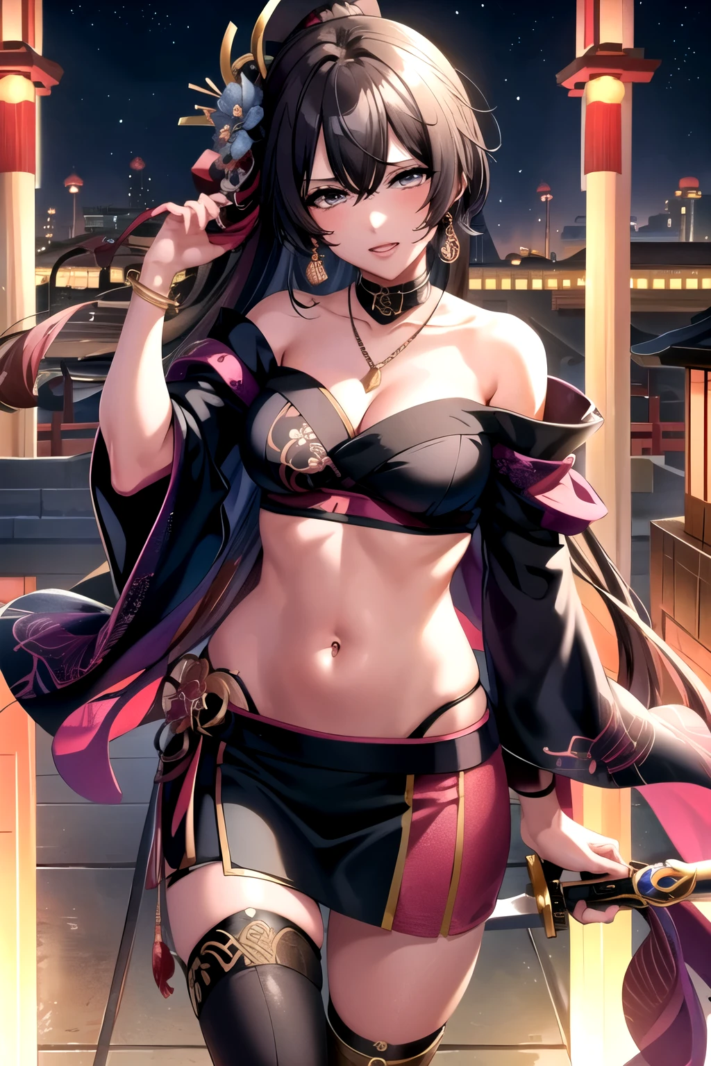 coashano, jewelry, earrings, parted lips, necklace, shiny hair, bracelet, makeup, long hair, medium breast , Hot girl, baddie, bad attitude, mean girl, crazy, smoking, sensual, attractive, blush, lipstick, masterpiece, best quality, highly detailed, a anime girl in kimono dress ,holding sword, bare
shoulder,open kimono, evil smile, open mouth, crop top , (nsfw) not safe for work, smile, ecchi anime
style, anime girls, ecchi style, ecchi, digital anime art!!, in anime style, official artwork, visual novel cg,
beautiful anime girl, anime style 4 k, kimono pencil skirt, exposed belly, exposed navel,
exposed midriff, exposed lower belly, outdoor, japanese architecture, temple, navel piercing