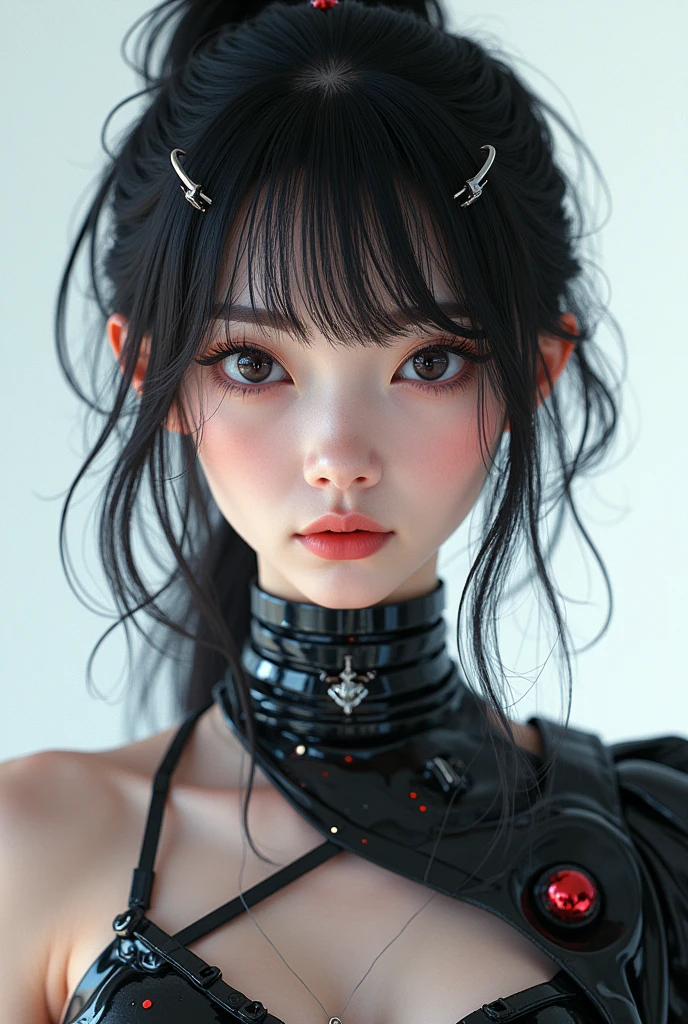 Killing City Set，bodysuit，Black latex clothing，Chinese、beautiful girl、18 years old，young、Long hair to waist、Oval face、flat chest、long black hair、fair face、light eyebrows、The eyes are a little determined，thin pink lips，Thin and thin，flat chest，Beautiful bangs、chess、mouth closed，Chinese面孔，black eyes，Does not expose body skin，no zipper。