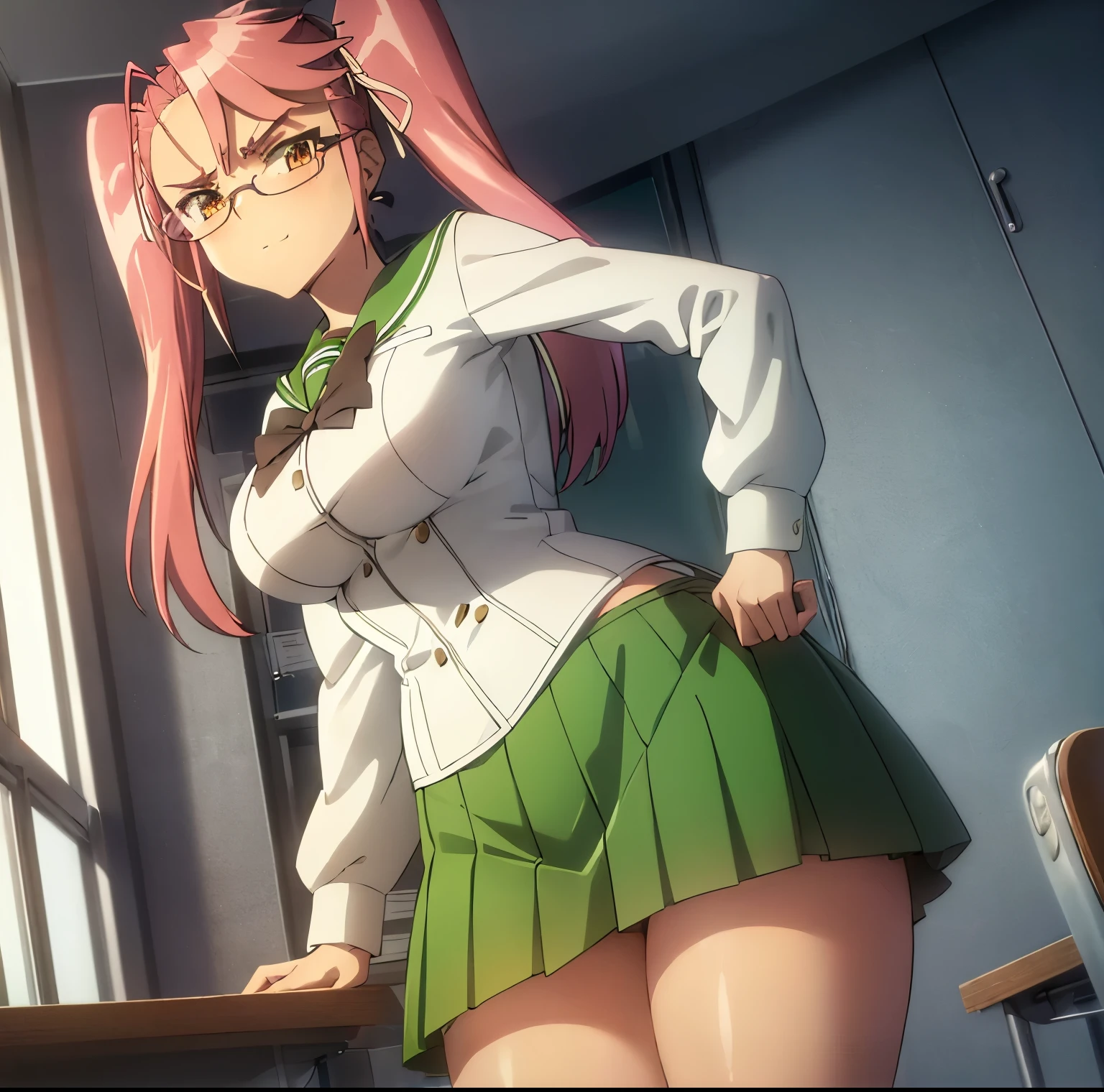 ((1girl)),((alone)),takagi saya,(masterpiece), (best quality), (ultra detailed), (best illustration), (best shadow), (absurdities), sharp focus, cowboy photo , looking at viewer, big breasts, narrow waist, wide hips, medium thighs, round butt, dynamic posture, pink hair, two pigtails, glasses, , green sailor collar, black bow tie, white shirt, long sleeves, pleated skirt, green skirt, short skirt, black calf-length stockings, brown loafers , long hair, skirt, serafuku, brown eyes, ribbon, yellow eyes, seductive smile, closed mouth, (sexy pose: 1.2), solo, standing: 1.3, interior, school, classroom, seats, desk, window, sunset, looking forward ((focus on hips:1.4)), point of view (from below), red blush, perfect anatomy, perfect hands