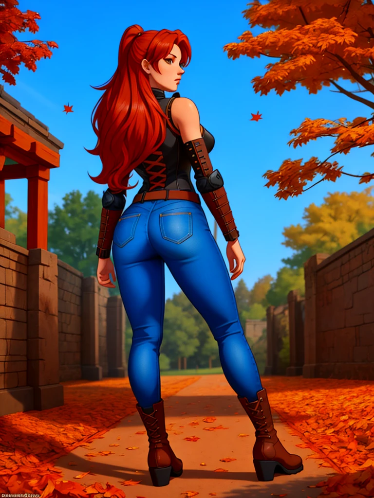 Create a full-body anime-style image of a 20-year-old human female named Sylara Stormblade, seen from behind. she has a lot of time, straight red hair and athletic build. Sylara wears studded armor on her upper body., dark blue skinny jeans, and tall red lace-up boots. In front of her, There are students in various fencing poses, indicating that he is giving a class. The setting is an autumnal open-air medieval training camp, rich in fallen and warm leaves, earthy colors.