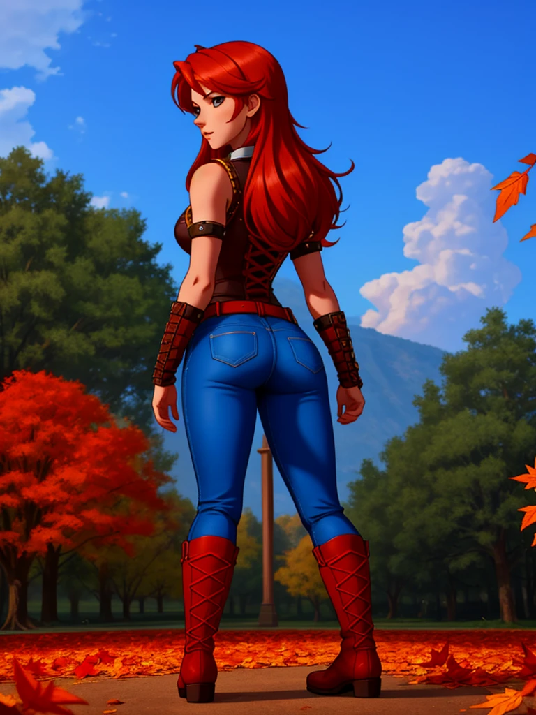 Create a full-body anime-style image of a 20-year-old human female named Sylara Stormblade, seen from behind. she has a lot of time, straight red hair and athletic build. Sylara wears studded armor on her upper body., dark blue skinny jeans, and tall red lace-up boots. In front of her, There are students in various fencing poses, indicating that he is giving a class. The setting is an autumnal open-air medieval training camp, rich in fallen and warm leaves, earthy colors.