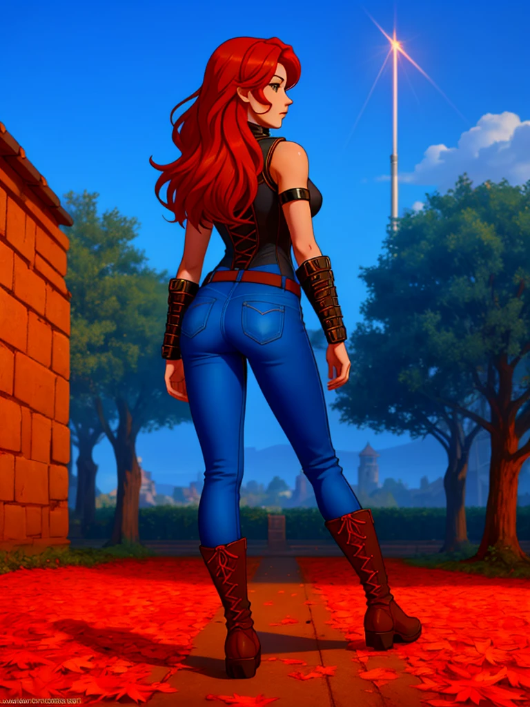 Create a full-body anime-style image of a 20-year-old human female named Sylara Stormblade, seen from behind. she has a lot of time, straight red hair and athletic build. Sylara wears studded armor on her upper body., dark blue skinny jeans, and tall red lace-up boots. In front of her, There are students in various fencing poses, indicating that he is giving a class. The setting is an autumnal open-air medieval training camp, rich in fallen and warm leaves, earthy colors.