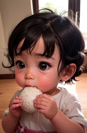 A toddler holding a rice ball close to his mouth