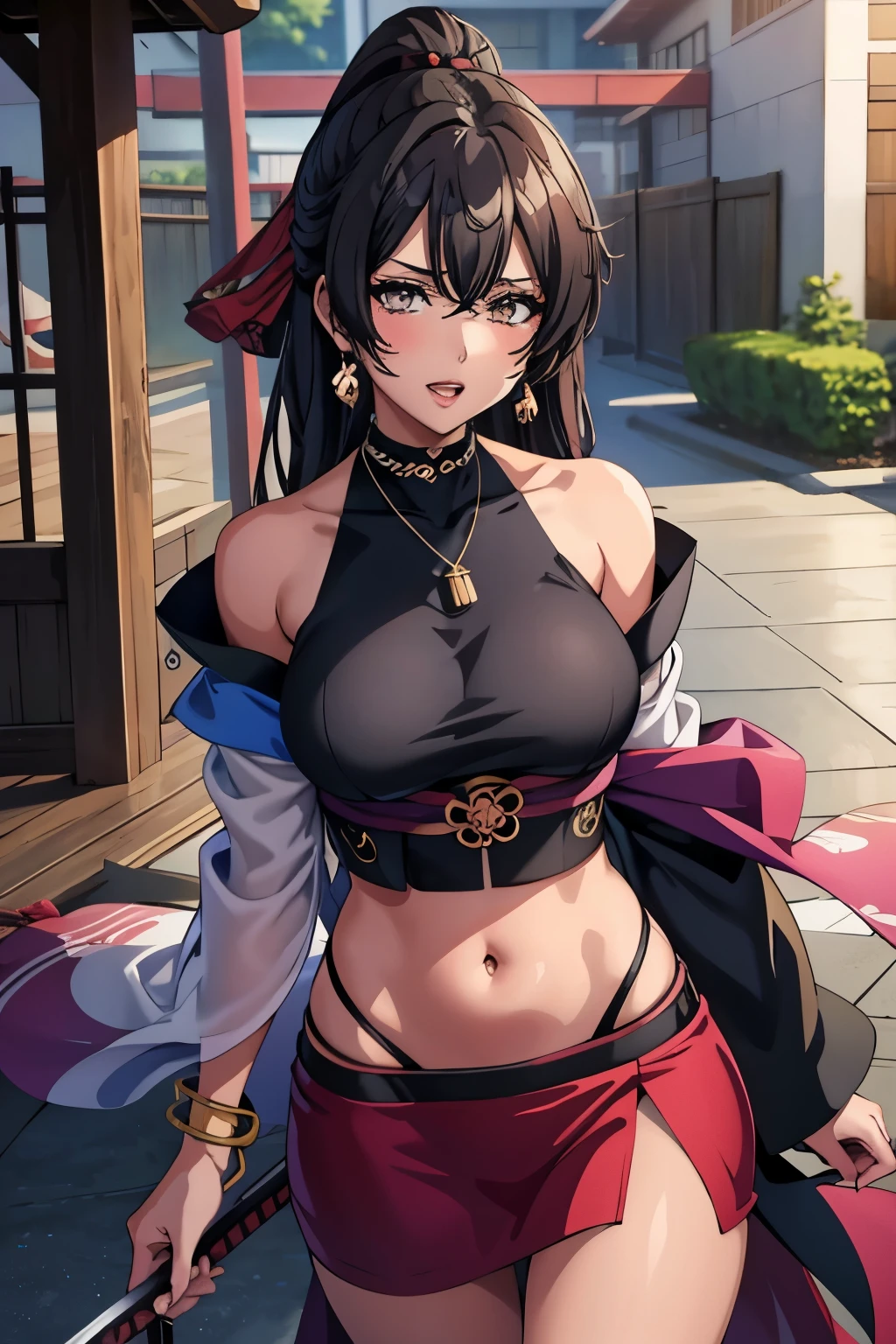 coashano, jewelry, earrings, parted lips, necklace, shiny hair, bracelet, makeup, long hair, medium breast , Hot girl, baddie, bad attitude, mean girl, crazy, smoking, sensual, attractive, blush, lipstick, masterpiece, best quality, highly detailed, a anime girl in kimono dress ,holding sword, bare
shoulder,open kimono, evil smile, open mouth, crop top , (nsfw) not safe for work, smile, ecchi anime
style, anime girls, ecchi style, ecchi, digital anime art!!, in anime style, official artwork, visual novel cg,
beautiful anime girl, anime style 4 k, kimono pencil skirt, exposed belly, exposed navel,
exposed midriff, exposed lower belly, outdoor, japanese architecture, temple, navel piercing