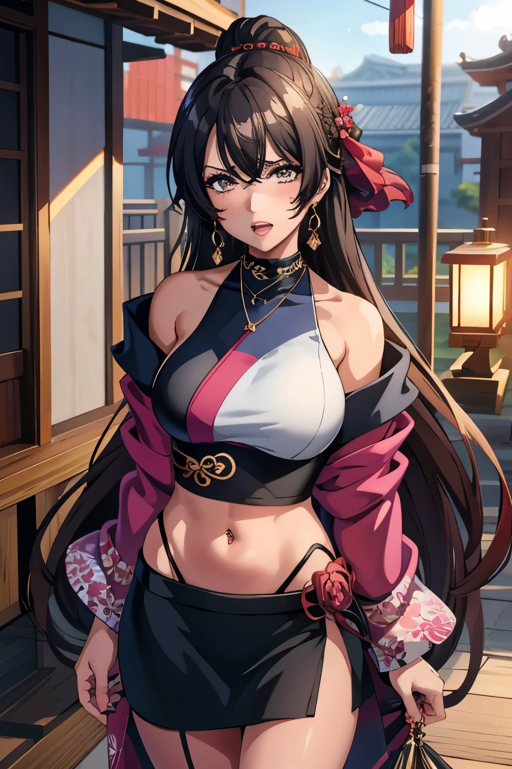 coashano, jewelry, earrings, parted lips, necklace, shiny hair, bracelet, makeup, long hair, medium breast , Hot girl, baddie, bad attitude, mean girl, crazy, smoking, sensual, attractive, blush, lipstick, masterpiece, best quality, highly detailed, a anime girl in kimono dress ,holding sword, bare
shoulder,open kimono, evil smile, open mouth, crop top , (nsfw) not safe for work, smile, ecchi anime
style, anime girls, ecchi style, ecchi, digital anime art!!, in anime style, official artwork, visual novel cg,
beautiful anime girl, anime style 4 k, kimono pencil skirt, exposed belly, exposed navel,
exposed midriff, exposed lower belly, outdoor, japanese architecture, temple, navel piercing