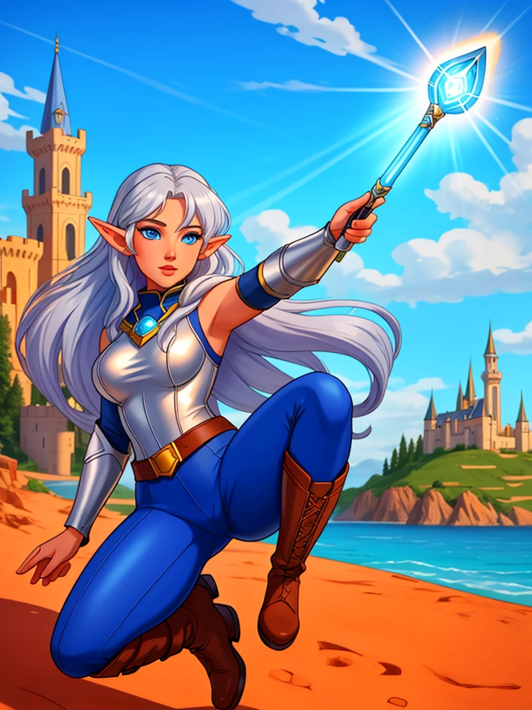 Professor Elowen Mistralight, an elf woman 2, Delicate, medium-height elf with silver hair., mysterious and penetrating light blue eyes, He wears a tunic with drawings of wind and water., sky blue skinny pants, long, with navy blue riding boots, the boots reach the knee, a magic wand and a castle background, animated style. Individual image of her full body.. He is in action pose.. Has one leg raised with the knee bent., His mouth is slightly open as if he had been exercising a lot.... He has light skin. She has her hair loose and waving in the wind.... feminine and sexy body.