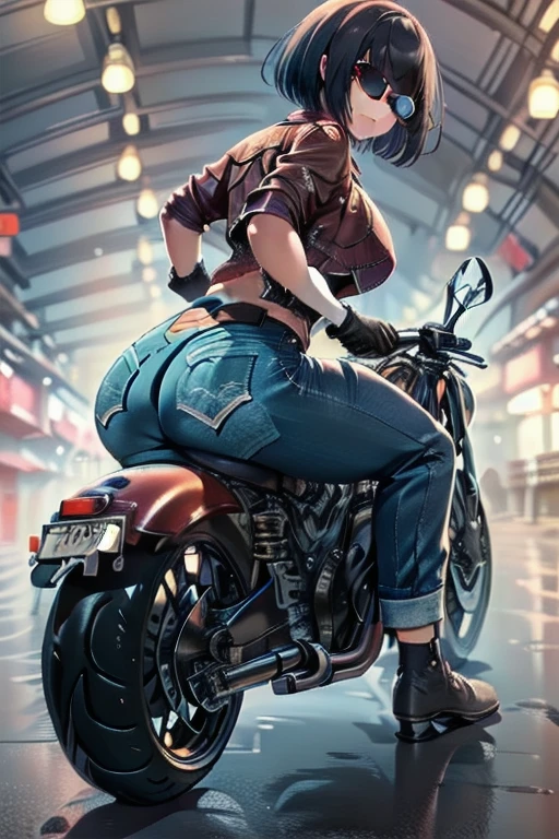 masterpiece,Highest quality,Super high-definition description,Full HD,16K,Super Resolution,Accurate Human Anatomy,Correct human anatomy,Perfect hands,Perfect Legs,fun,smile,Chinatown,night,(((Riding on motorcycle))) ,One Woman ((Short Bob,つややかなblack髪, sunglasses_Gloss))Open your eyes,Muscular,Extremely large breasts,length, Round legs,Round ass,(((leather jacket_red,jeans_Berry Short,Leather Gloves_black))) Nipples,30 years old,Japanese ((Full body image)),Dynamic Angle,funシーン